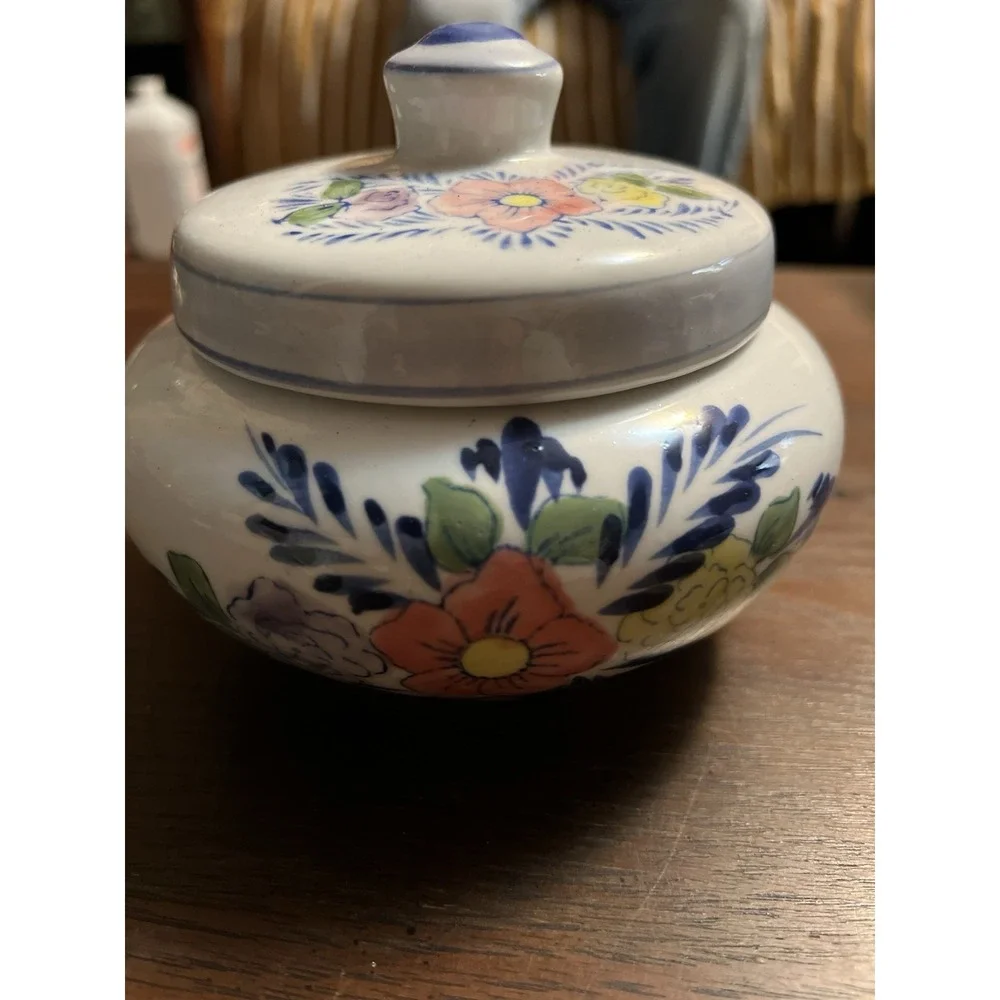 Hand painted Floral Lidded Jar For Jewelry Or Trinkets